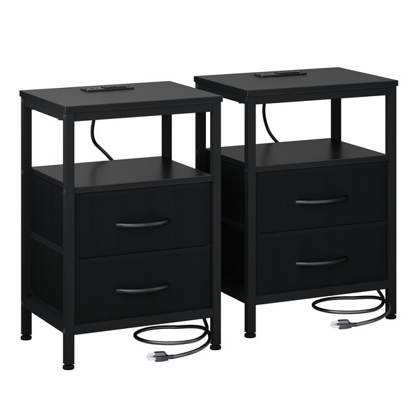 CONCETTA Small Nightstand with Charging Station, 2 Fabric Drawer, End Table with USB Ports and Outlets for Bedroom, Black，Black Brown，Rustic Brown，White