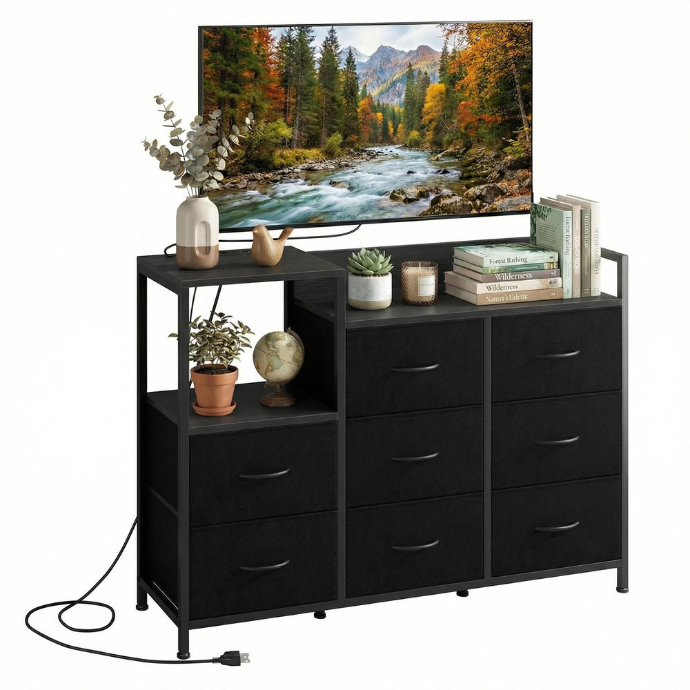 CONCETTA 8-Drawer Dresser TV Stand for Bedroom with Charging Station, Teen/Adult Fabric Storage with Open Shelves