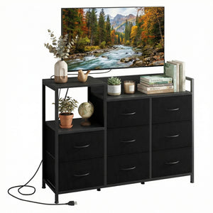 CONCETTA 8-Drawer Dresser TV Stand for Bedroom with Charging Station, Teen/Adult Fabric Storage with Open Shelves