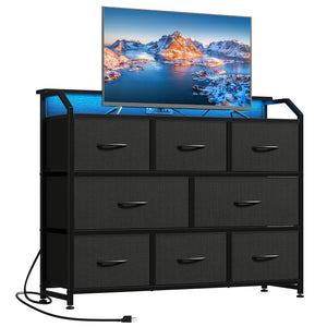 CONCETTA LED TV Stand Dresser, Fits TVs up to 45 Inches, LED Lights & Power Outlet, 8 Fabric Drawers Storage for Bedroom Living Room