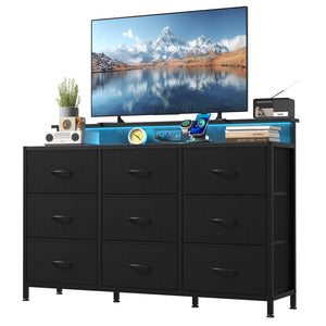 CONCETTA 47-inch TV Stand with RGB LED Lights & UL-Certified Charging Station for Families, 9 Fabric Drawers, Fits up to 55-inch TVs