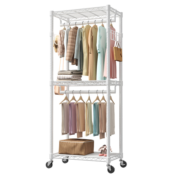 CONCETTA Rolling Clothes Rack, Adjustable Metal Shelves, Heavy Duty Clothes Rack with Side Hooks for Household, Laundry Room