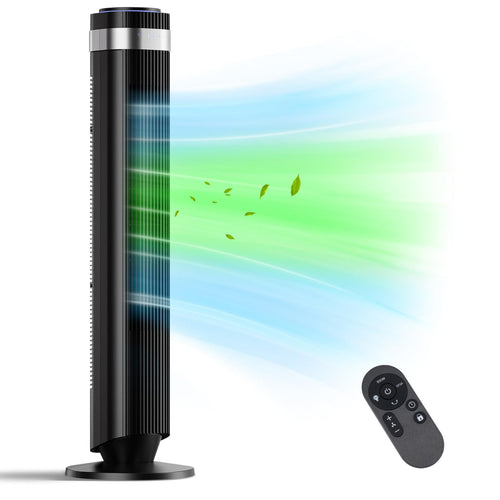 SHOUFTW Tower Fan Standing Bladeless, 23ft/s Velocity Quiet, 64° Oscillating with 5 Speeds, 4 Modes, 12H Timer for Indoor Bedroom