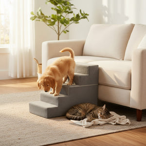 SHOUFTW Round Edge Pet Stairs Ramp, High-Density Foam Dog Cat Steps, Non-Slip Indoor Ladder for Couch, High Beds, Car, Gray