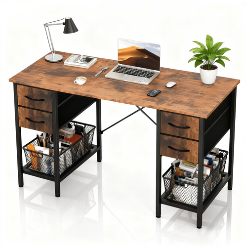 CONCETTA Computer Desk with 4 Drawers & Mesh Shelf, Rustic Brown Office Desk, Storage Work Desk for Home Office, Gaming & Study, Flexible Setup, Large Desktop