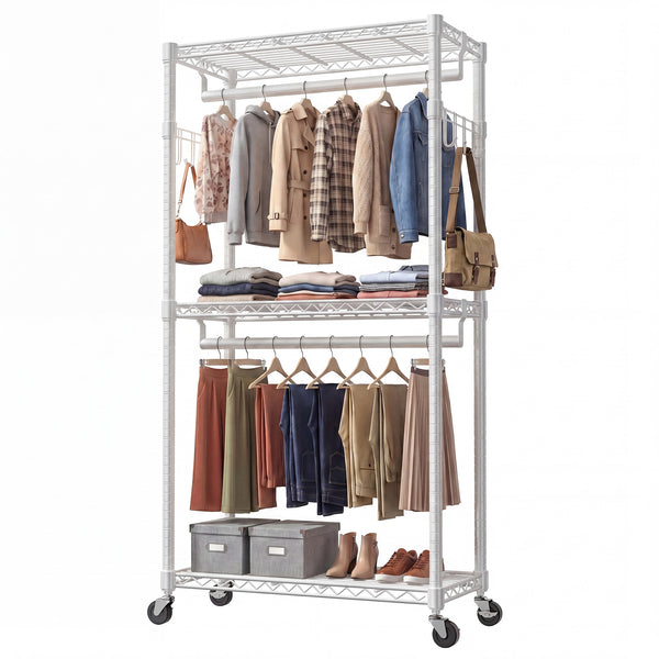 CONCETTA Rolling Clothes Rack, Adjustable Metal Shelves, Heavy Duty Clothes Rack with Side Hooks for Household, Laundry Room