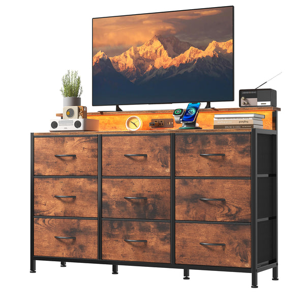 CONCETTA 47-inch TV Stand with RGB LED Lights & UL-Certified Charging Station for Families, 9 Fabric Drawers, Fits up to 55-inch TVs