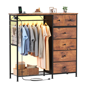 CONCETTA Dresser for Bedroom with Hanging Rack 6 Drawers Dresser, LED Lights & Charging Station, Wooden Top, Grid Panel