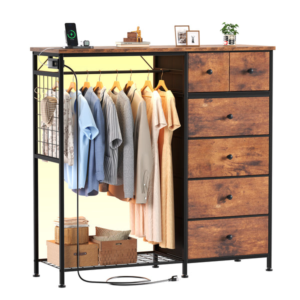 CONCETTA Dresser for Bedroom with Hanging Rack 6 Drawers Dresser, LED Lights & Charging Station, Wooden Top, Grid Panel