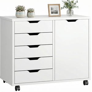 CONCETTA 5-Drawer Wood Storage Cabinet for Office & Home, Mobile Lateral Filing Cabinet, Printer Stand Cabinet with Adjustable Shelf, Wheels with Breaker