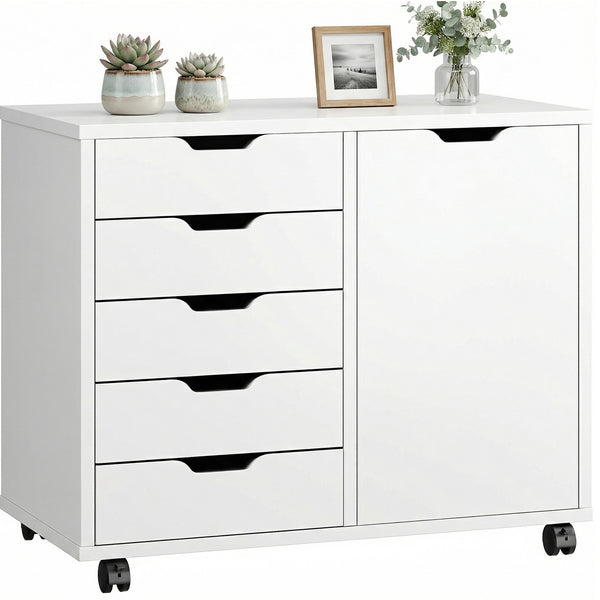 CONCETTA 5-Drawer Wood Storage Cabinet for Office & Home, Mobile Lateral Filing Cabinet, Printer Stand Cabinet with Adjustable Shelf, Wheels with Breaker