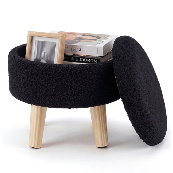 CONCETTA Round Storage Ottoman with Soft Padded Seat, Teddy Velvet Footstool with Wood Legs, Accent Ottoman for Living Room & Entryway