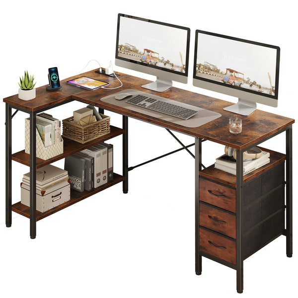47"L Shaped Computer Desk with 3 Drawers, Power Outlets, USB Ports, and Monitor Stand, Corner Gaming Desk for Home Office
