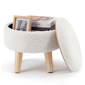 CONCETTA Round Storage Ottoman with Soft Padded Seat, Teddy Velvet Footstool with Wood Legs, Accent Ottoman for Living Room & Entryway