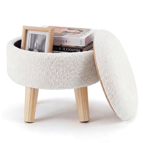 CONCETTA Round Storage Ottoman with Soft Padded Seat, Teddy Velvet Footstool with Wood Legs, Accent Ottoman for Living Room & Entryway