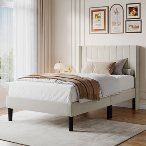 CONCETTA Full Size Bed Frame with Wingback PU Upholstered Headboard and Wooden Slats Support, No Box Spring Needed, Easy Assembly, Black