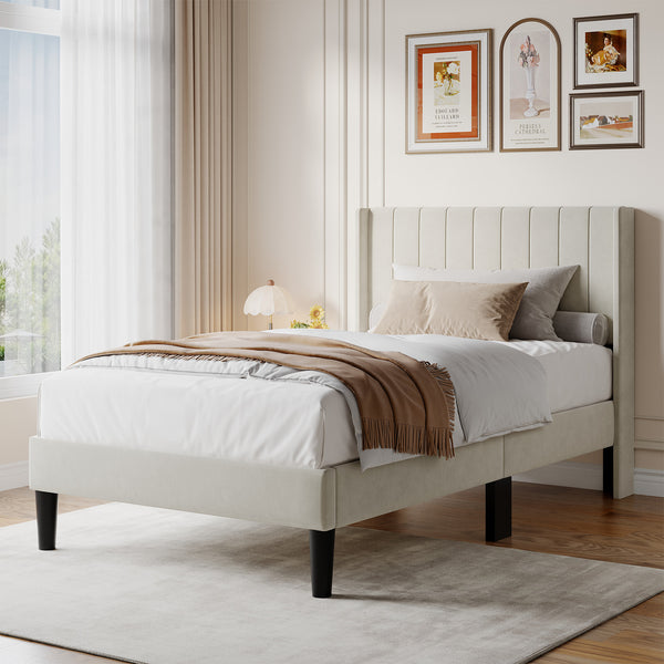 CONCETTA Full Size Bed Frame with Wingback PU Upholstered Headboard and Wooden Slats Support, No Box Spring Needed, Easy Assembly, Black