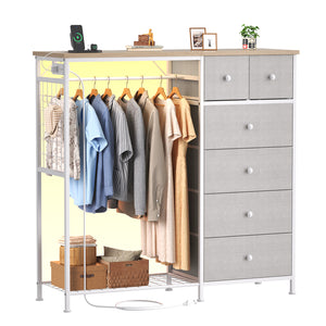 CONCETTA Dresser for Bedroom with Hanging Rack 6 Drawers Dresser, LED Lights & Charging Station, Wooden Top, Grid Panel