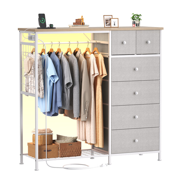 CONCETTA Dresser for Bedroom with Hanging Rack 6 Drawers Dresser, LED Lights & Charging Station, Wooden Top, Grid Panel