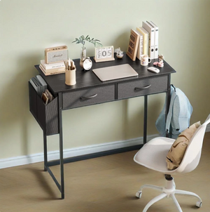 Small Desk with Fabric Drawers and Storage Shelves, 32 inch for Adult, Black