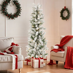 Artificial Full Christmas Tree, Flocked Snow Trees with Pine Cone Decoration, Includes Stand, Incandescent Lights & Foldable Base for Home, Office, Party