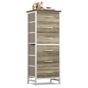 CONCETTA Tall Storage Dresser with 6 Fabric Drawers, Metal Frame with Cross Support Rods, Anti-Tip, Wood Top for Bedrooms, Offices and Compact Spaces