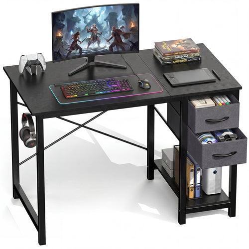 CONCETTA Small Computer Desk with Storage Shelf, 40 or 47 Inch Writing Work Study Computer Desk for Home Office Bedroom, 2-Tier Drawers, Side Headphone Hook, Modern Style for Home Bedroom