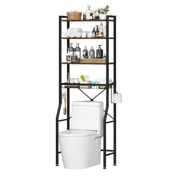 CONCETTA 4-Tier Over The Toilet Bathroom Storage Rack, Adjustable Space Saver Organizer with Shelves, Basket & Hooks
