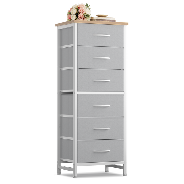 CONCETTA Tall Storage Dresser with 6 Fabric Drawers, Metal Frame with Cross Support Rods, Anti-Tip, Wood Top for Bedrooms, Offices and Compact Spaces