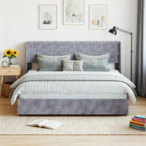 CONCETTA Metal full-size lift storage bed, modern wing-style headboard, velvet soft cushions, hydraulic support, no need for spring box, gray
