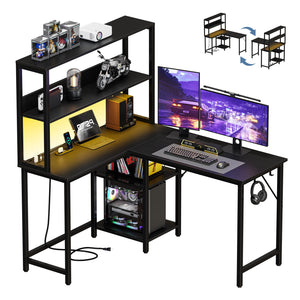 CONCETTA L Shaped Gaming Desk, Reversible Computer Desk with Power Outlets & LED Lignts, Gaming Table with Storage Shelves and Hooks for Bedroom Home Office