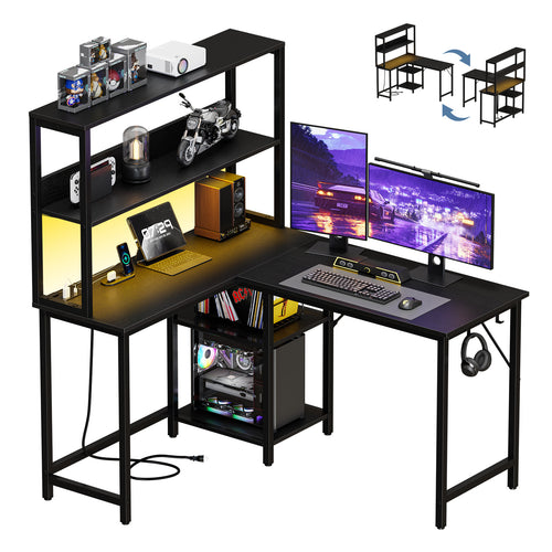 CONCETTA L Shaped Gaming Desk, Reversible Computer Desk with Power Outlets & LED Lignts, Gaming Table with Storage Shelves and Hooks for Bedroom Home Office