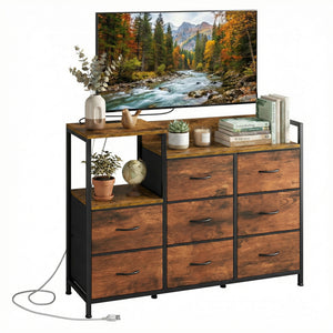 CONCETTA 8-Drawer Dresser TV Stand for Bedroom with Charging Station, Teen/Adult Fabric Storage with Open Shelves