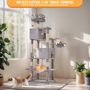 CONCETTA 66in Multi Level Cat Tree Tower,Cat Scratching Posts with Large Top Perch and Hammock, Beige
