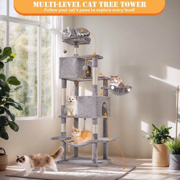 CONCETTA 66in Multi Level Cat Tree Tower,Cat Scratching Posts with Large Top Perch and Hammock, Beige