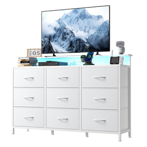 CONCETTA 47-inch TV Stand with RGB LED Lights & UL-Certified Charging Station for Families, 9 Fabric Drawers, Fits up to 55-inch TVs