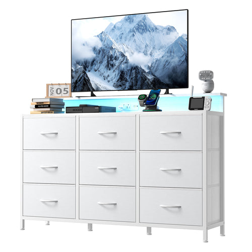 CONCETTA 47-inch TV Stand with RGB LED Lights & UL-Certified Charging Station for Families, 9 Fabric Drawers, Fits up to 55-inch TVs