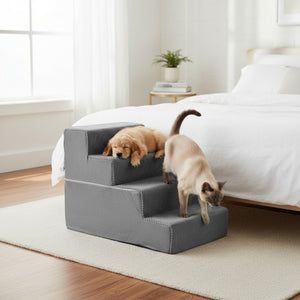 SHOUFTW Round Edge Pet Stairs Ramp, High-Density Foam Dog Cat Steps, Non-Slip Indoor Ladder for Couch, High Beds, Car, Gray