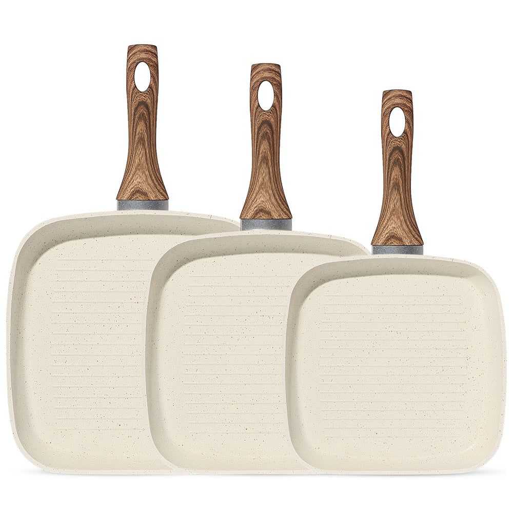 CONCETTA Non-stick Cookware Set, square frying pan, wooden handle, suitable for indoor and outdoor camping and RV cooking, beige and black