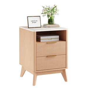 CONCETTA Fluted Nightstand with Charging Station, Faux Marble Top Bedside Table with 2 Drawers and Open Shelf for Bedroom, Living Room