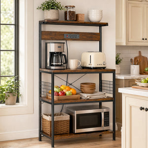 SHOUFTW Kitchen Storage Rack with Power Outlet, 4-Tier Backer's Rack for Microwave Stand & Coffee Bar Storage