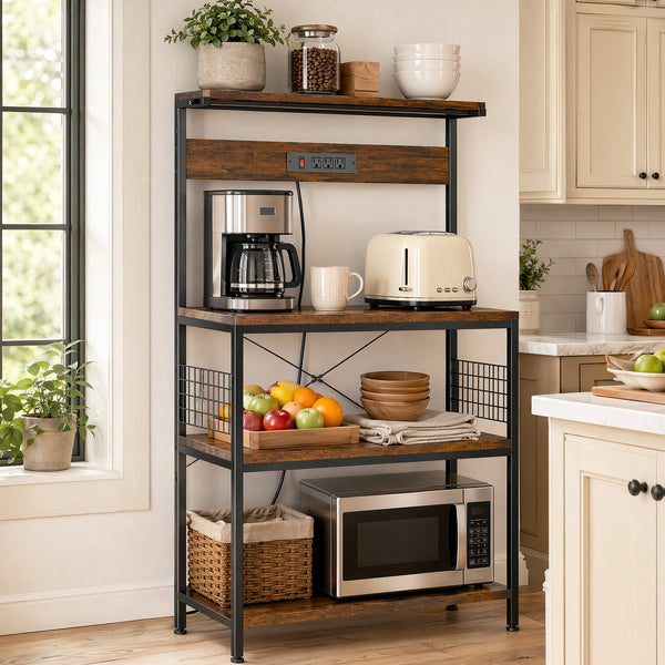 SHOUFTW Kitchen Storage Rack with Power Outlet, 4-Tier Backer's Rack for Microwave Stand & Coffee Bar Storage