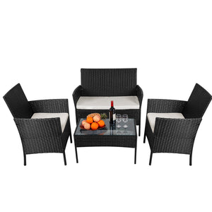 SHOUFTW Wicker Patio Furniture Set with Cushions & Glass Coffee Table, Outdoor Conversation Set for Backyard, Garden, Porch, Stylish & Comfortable