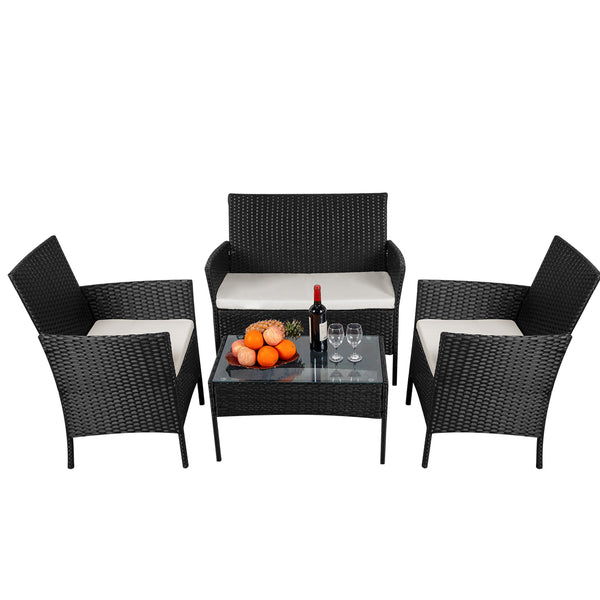 SHOUFTW Wicker Patio Furniture Set with Cushions & Glass Coffee Table, Outdoor Conversation Set for Backyard, Garden, Porch, Stylish & Comfortable