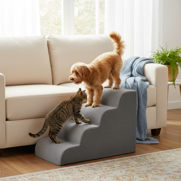 SHOUFTW Round Edge Pet Stairs Ramp, High-Density Foam Dog Cat Steps, Non-Slip Indoor Ladder for Couch, High Beds, Car, Gray