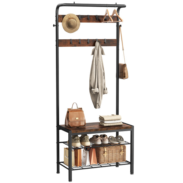 CONCETTA 4-in-1 Coat Rack Hall Tree with Shoe Bench, Shoe Storage, Removable Hooks, Hanging Rod, 13.3 x 28.3 x 72.1 Inches