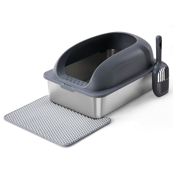 24in Stainless Steel Cat Litter Box with Lid, Large Cat Litter Box for Cats, High Wall Sides, Anti-Urine Leakage, Easy Cleaning, Scoop and Mat Included