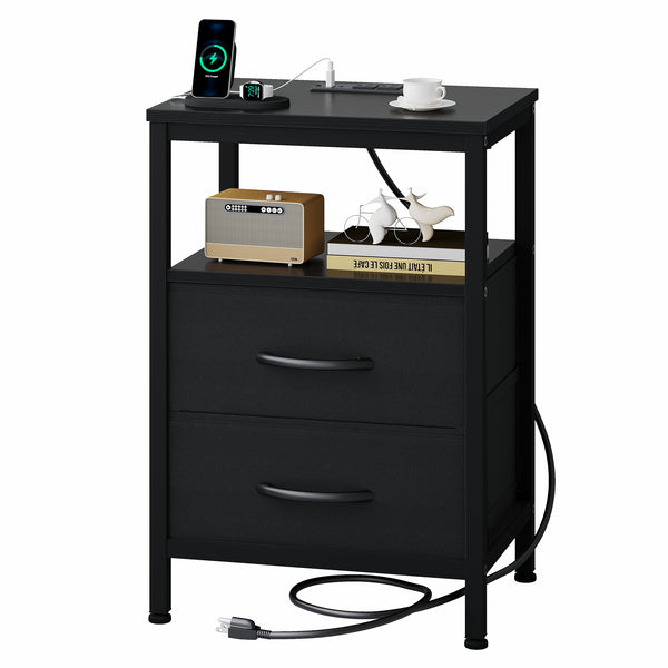 CONCETTA Small Nightstand with Charging Station, 2 Fabric Drawer, End Table with USB Ports and Outlets for Bedroom, Black，Black Brown，Rustic Brown，White