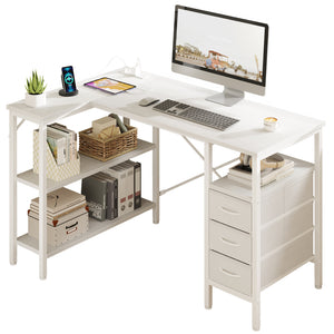 47"L Shaped Computer Desk with 3 Drawers, Power Outlets, USB Ports, and Monitor Stand, Corner Gaming Desk for Home Office