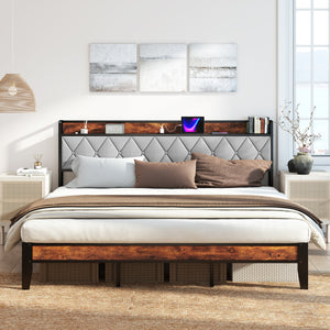 CONCETTA Full Size Heavy Duty Metal Bed Frame, Storage Headboard with Charging Station, Noise Free, No Spring Box Required, 880lbs Capacity